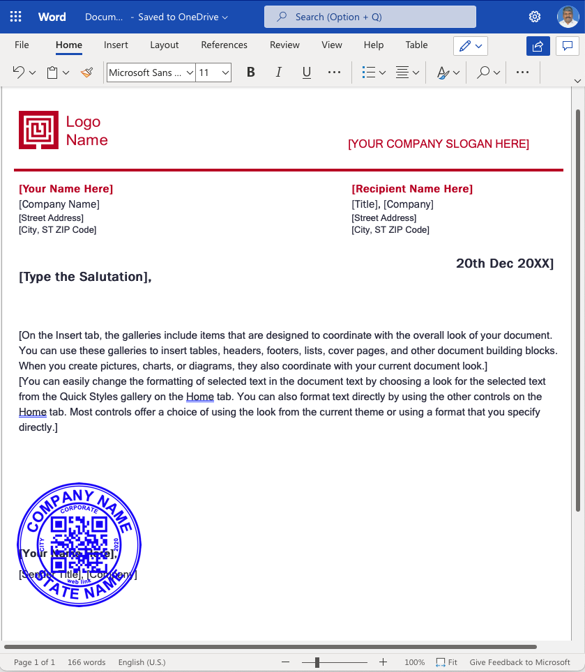 Sample MS WORD Document with company seal with QR code 