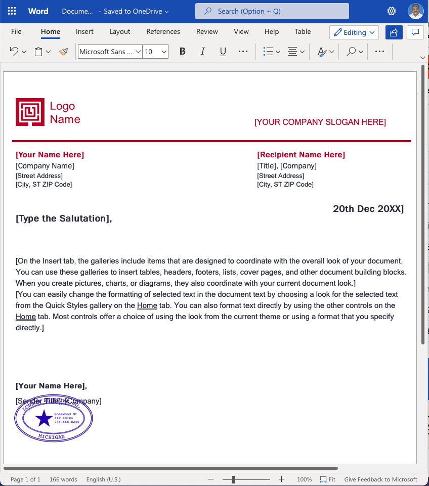 Sample MS WORD Document with oval seal